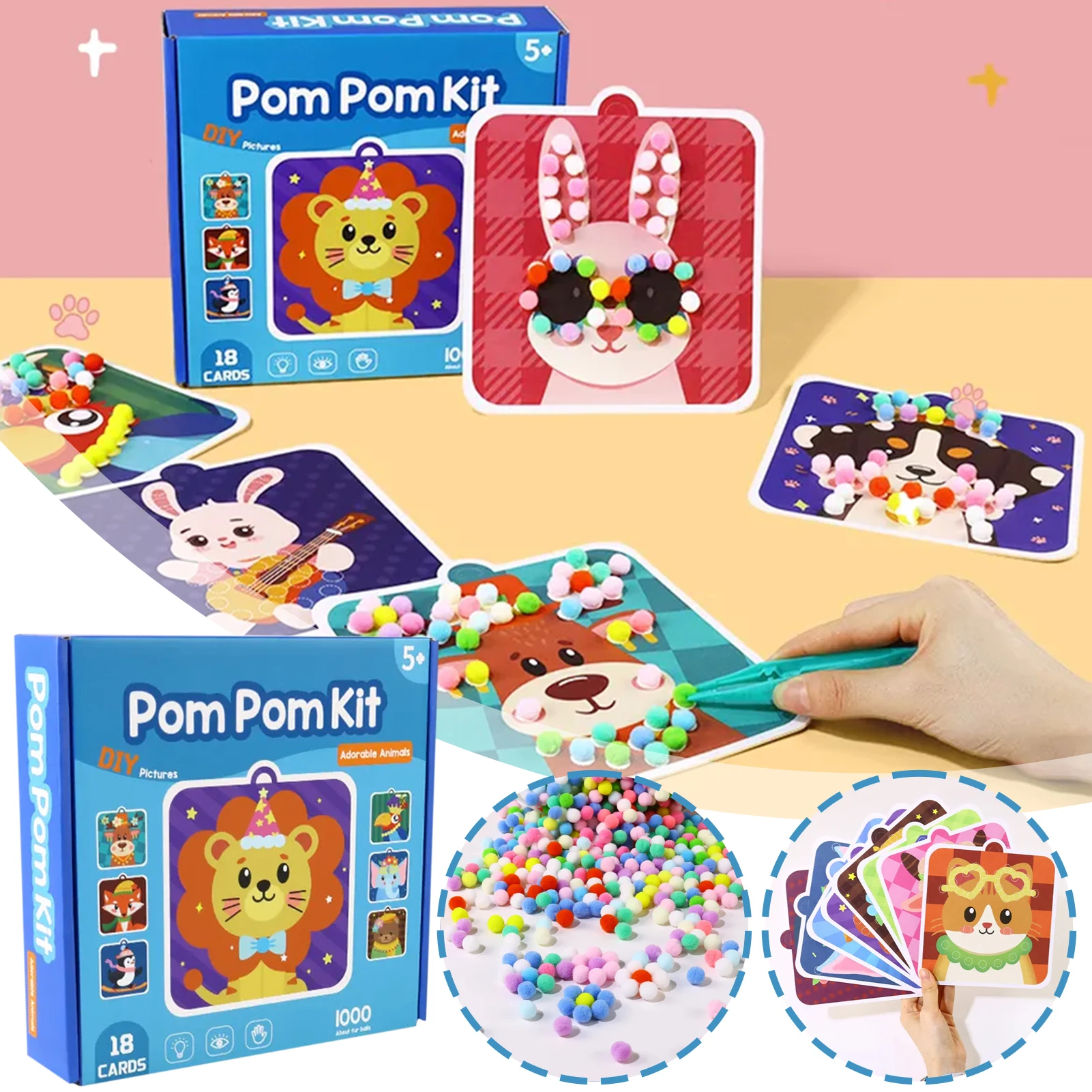 Kids Pompom Crafts Set Cute Animal Pompom Art Kit Funny Easy Diy Crafting Supplies Birthday Present For Kids Ages 3+