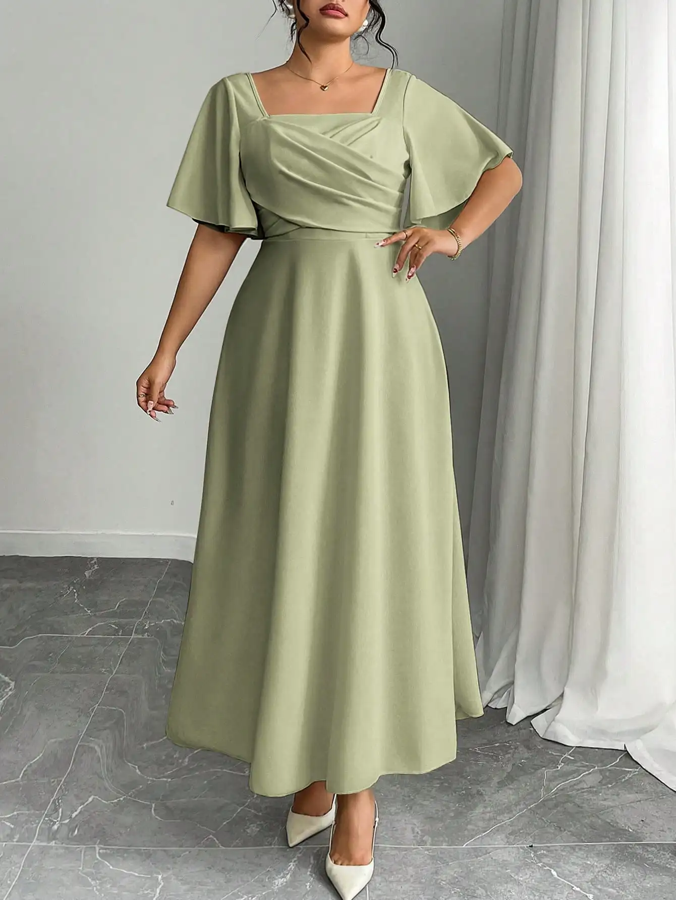 

Elegant Plus Size Square Neck Draped Waist A-Line Midi Dress