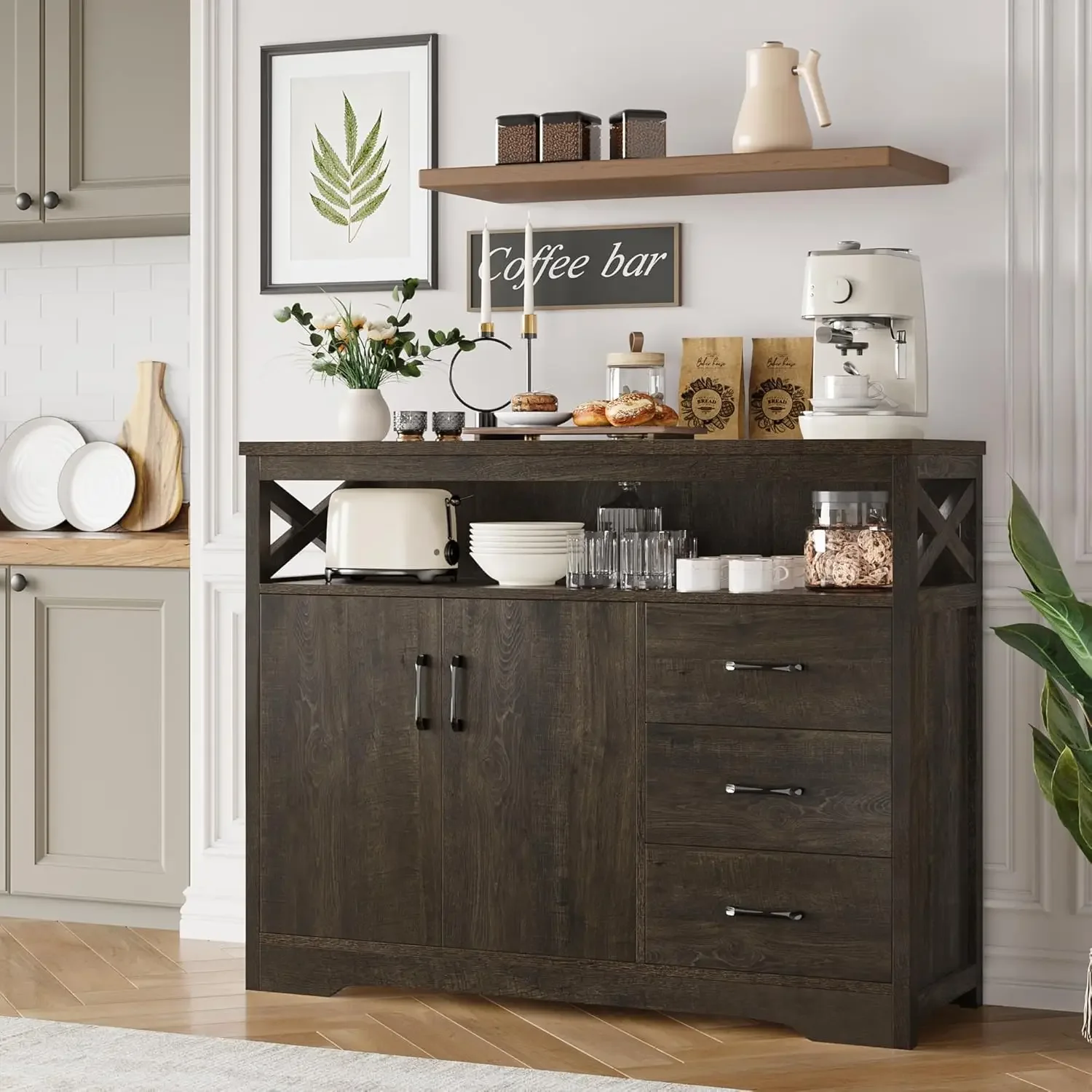 

Modern Farmhouse Sideboard Buffet Cabinet, Kitchen Storage Cabinet with Drawers and Shelves,Coffee Bar Cabinet with Storage