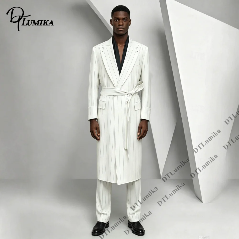 2026 Autumn Winter New Pinstripe Wrap Long Blazer Pants 2 Piece Men Suit Oversized Lapel Belted Formal Party Prom Business Suit