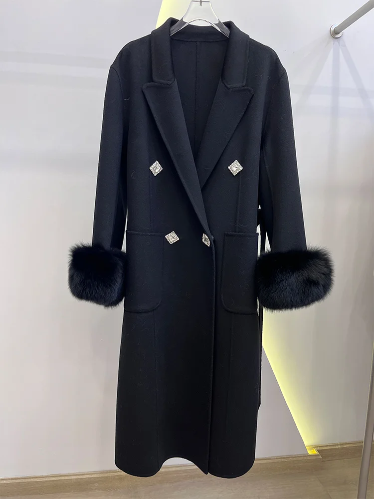 معطف نسائي جديد لعام 2025 من صوف الكشمير الطويل معطف صوفي طبيعي من فرو الثعلب الحقيقي سترة شتوية للسيدات ملابس خارجية ملابس خروج