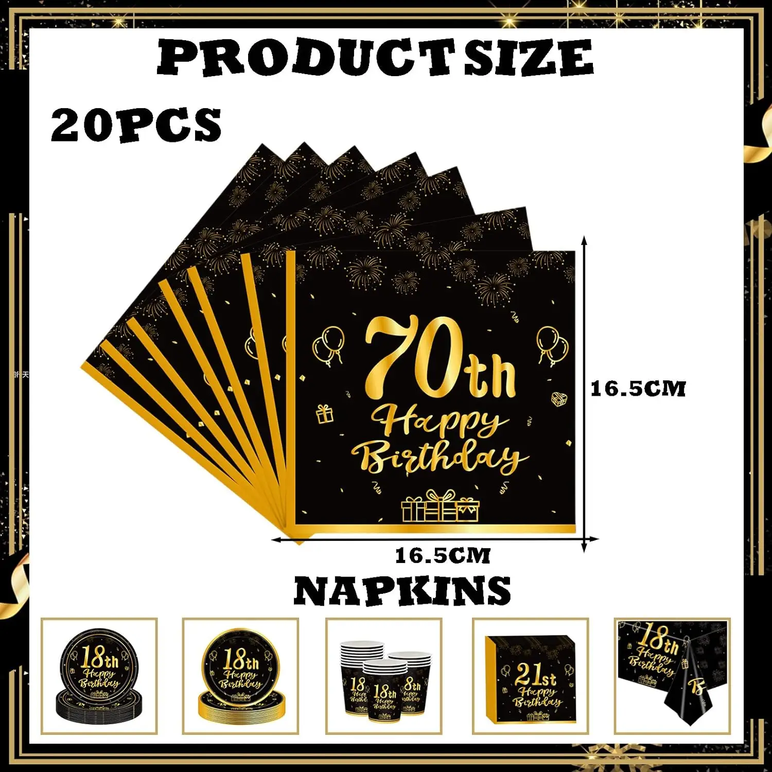 20Pc Black Gold 70th Birthday Serviettes Napkins Birthday Tableware Party Paper Napkins Disposable 70th Birthday Decorations