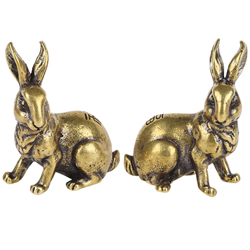 

2 Pcs Brass Adorable Brass Rabbit Rabbit Statue Decorative Accessories Toys Animals Retro Figurine Decor
