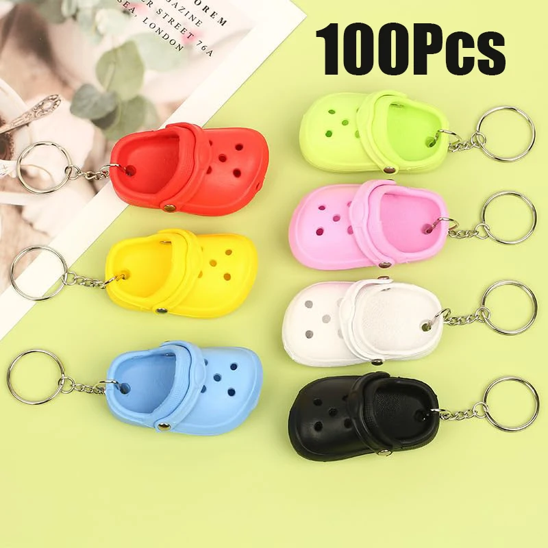 100Pcs Mini Croc Style Clog Shoe Key Chain Colorful Small Sandal Pendant Car Key Organizer Birthday Holiday Gift