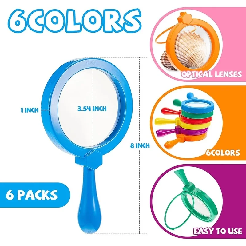 DT16 Jumbo Magnifiers for Kids, 6-Pack Preschool Science Learning with Stand, 3X Magnifying Glass for Reading Books, Maps,