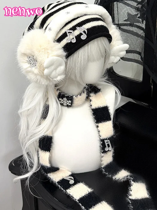 

Subculture Sweet Edgy Angel Wing Hat Scarf Set Women Black/White Stripe Plush Warm Cold-Proof Versatile Winter Headwear