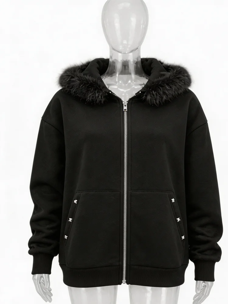 Women Oversized Zip Up Aesthetics Hoodie Winter Faux Fur Hooded Sweatshirt Y2K Streetwear Casual Warm Hoodie gallery 3