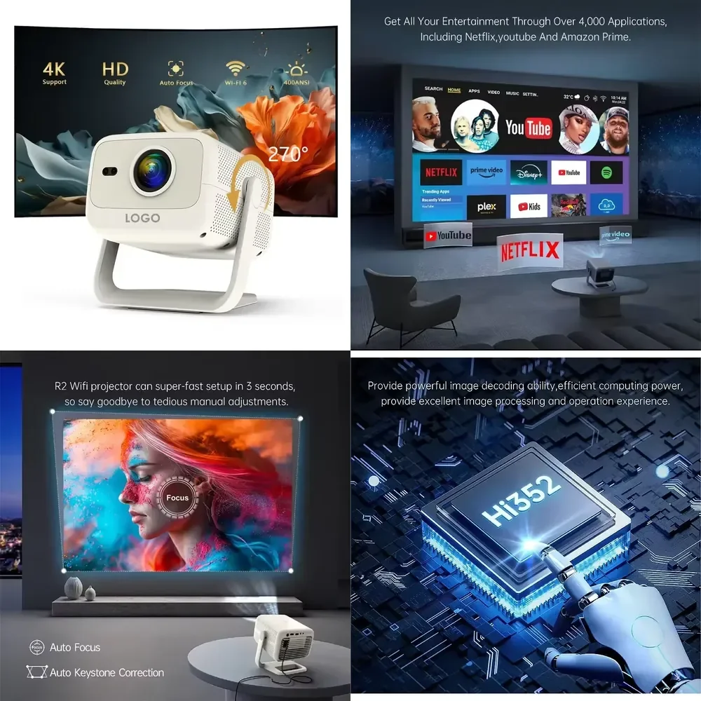 

MAF R2 400ANSI Android TV 9 Smart Portable 4K WiFi6 1+8G 1080P Full HD LCD LED Home Theater Projector