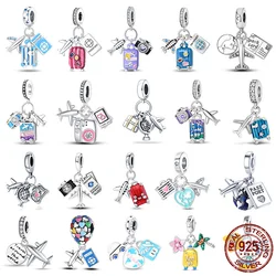 Hot Sale Luggage Airplane Passport Three-piece Set 925 Silver Charms Fit 925 Original Bracelet Jewelry Making For Women Gift