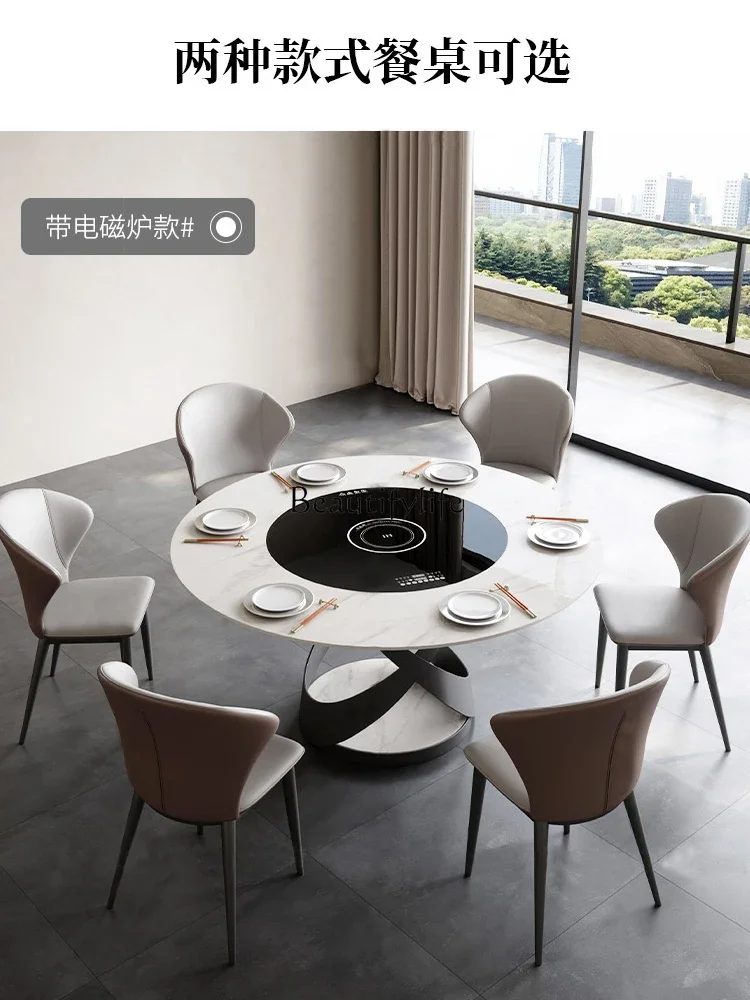 Light luxury rock slab hot pot dining table, simple and modern electric turntable embedded induction cooker