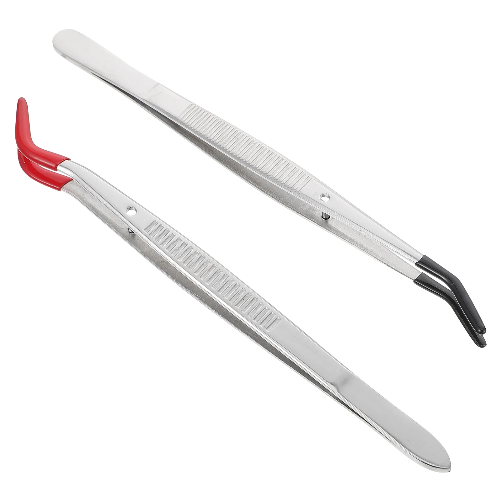 2 Pcs Tweezers Metal Steel Tools Home Curved Bent Tip Universal with Rubber Tips