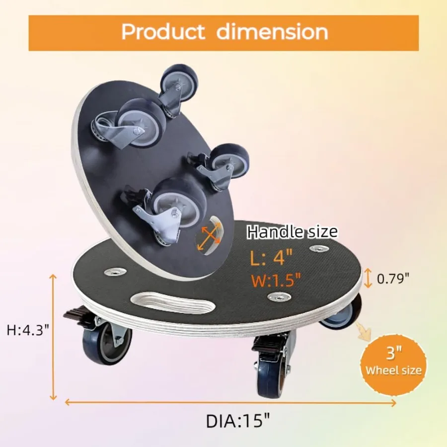 Dolly Platform Kayu Bulat 15 Inci dengan Roda TPR Senyap 2" dengan 2 Rem + 2 Tanpa Kapasitas Beban 551-lb Furnitu Kayu Tugas Berat