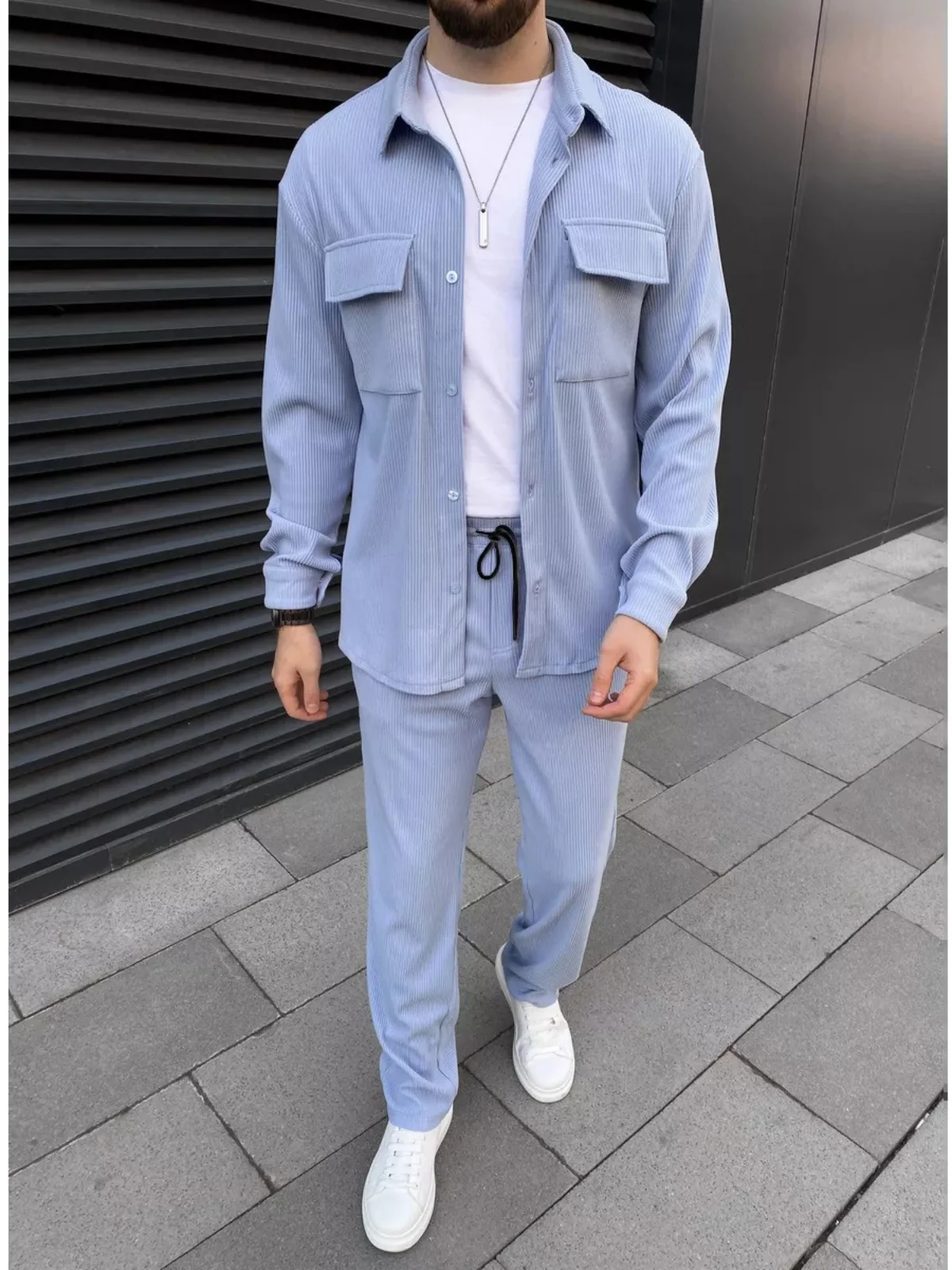 Men's Corduroy Casual Collared Shirt Long-Sleeved Two-Piece Set Classic Sports Streetwear for Spring And Autumn