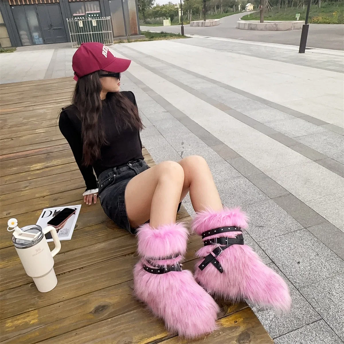 Winter Fur New Design Onepiece Raccoon FurFemale Snow Boots Fur shoes OutdoorMid Leg Boots y2k Cool Pink Girl