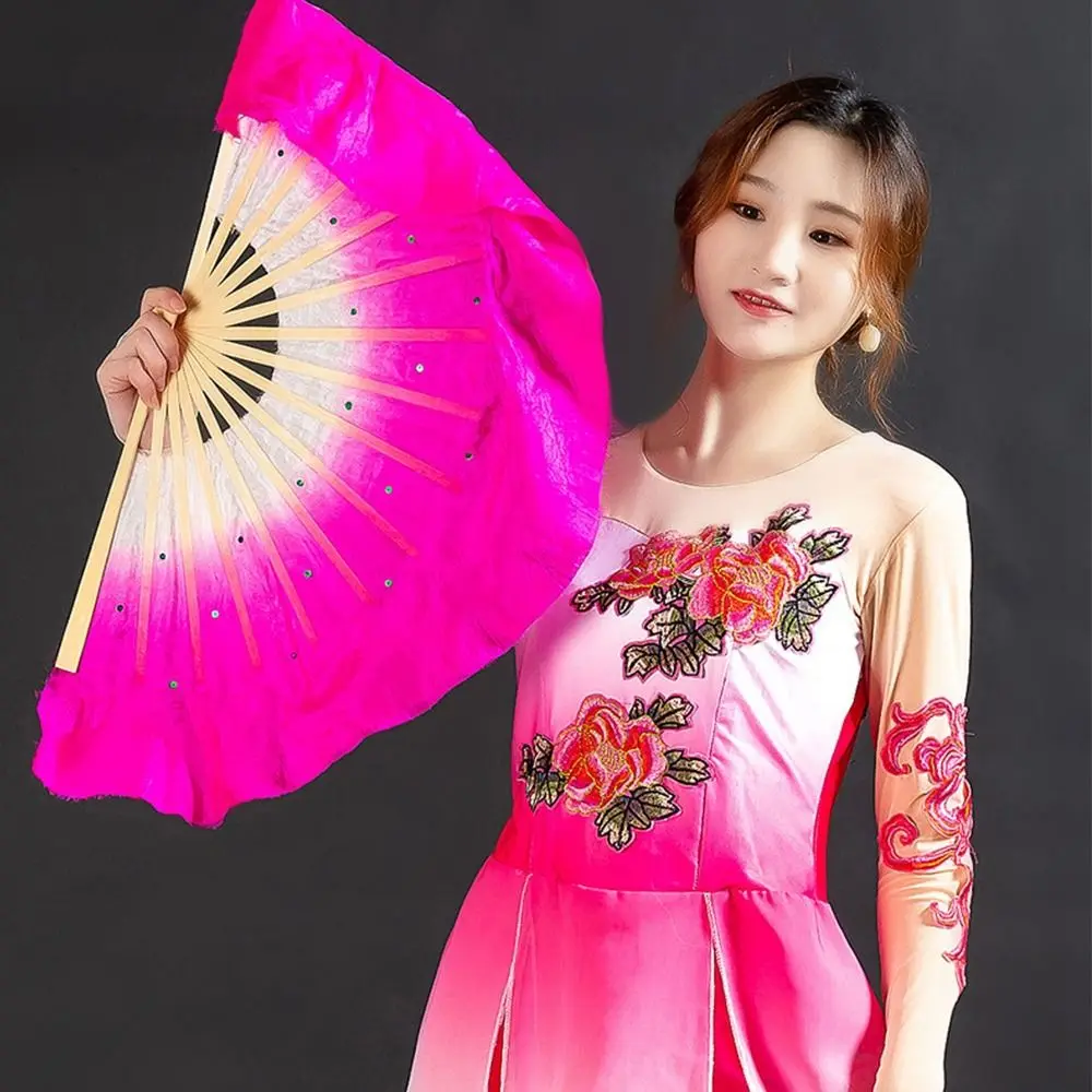 Hot Sell Kid Women Belly Dancing Fan 40cm Long Imitation Silk Fans Rayon Silk Fans Long Silk Fans Gradient Color Dancer Practice