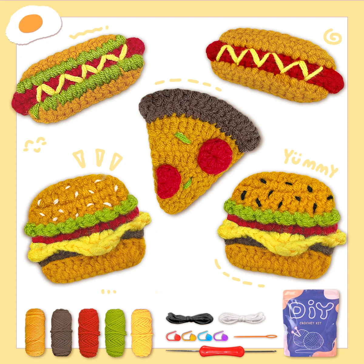 

5 шт., ручной вязаный крючком гамбургер, пицца, набор в форме хот-дога, полный набор материалов с видеопосібником для рукоделия