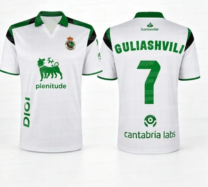 2026-27 Racing Santander Fußballtrikot Herren Kurzarm Weiß Grün Schwarz Kontrast-Schulter Fußball-Fan-Shirt Familien-Set – Detail 7