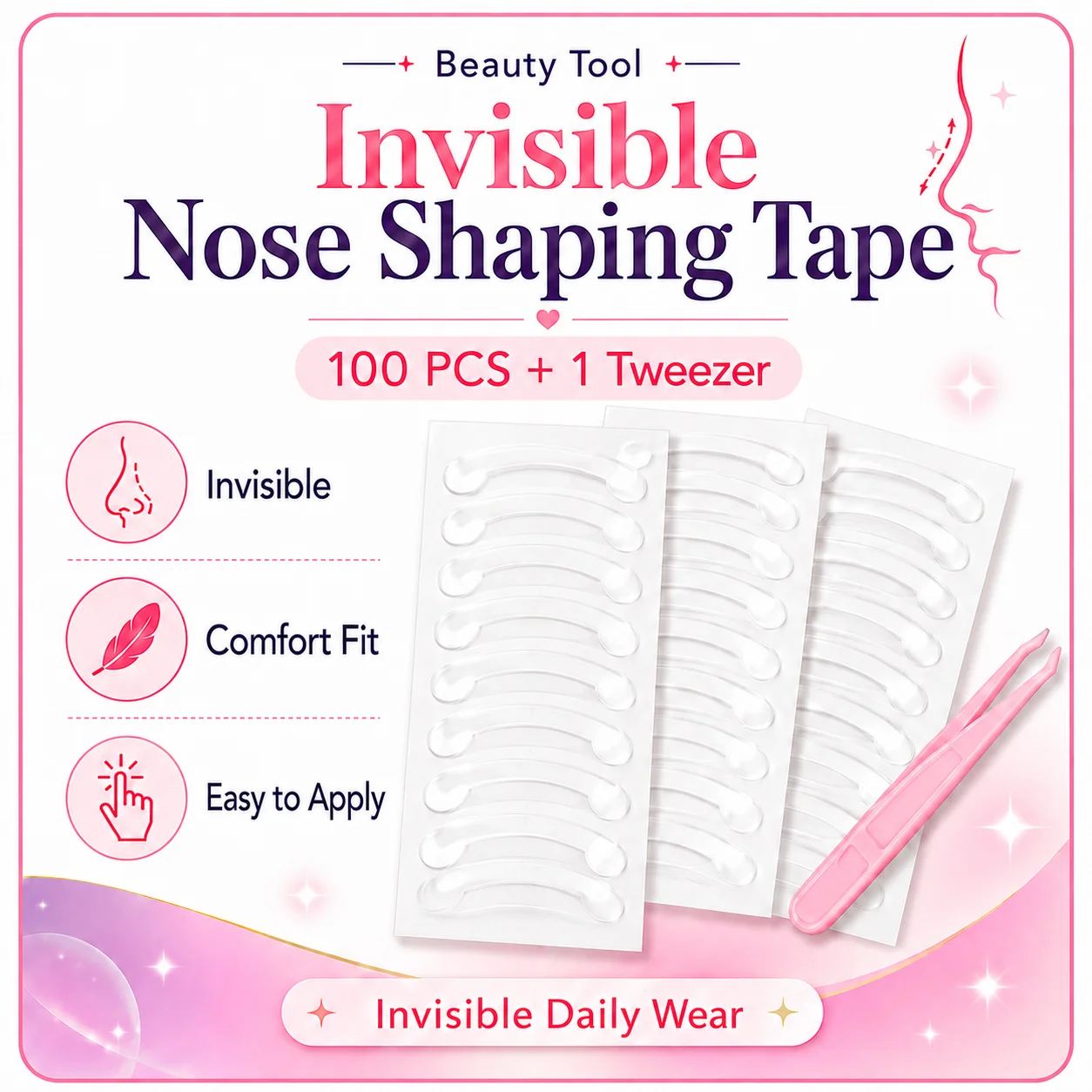 100 bandes adhésives invisibles pour remodeler le nez avec 1 pince à épiler, outil de beauté discret pour le nez, bande adhésive confortable pour le maquillage quotidien et une allure raffinée