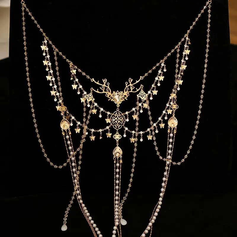 ‌ 수제 한복 허리 체인 - 긴 진주 프린지 펜던트 당나라 스타일 중국 의상 액세서리 여성용 허리 장식