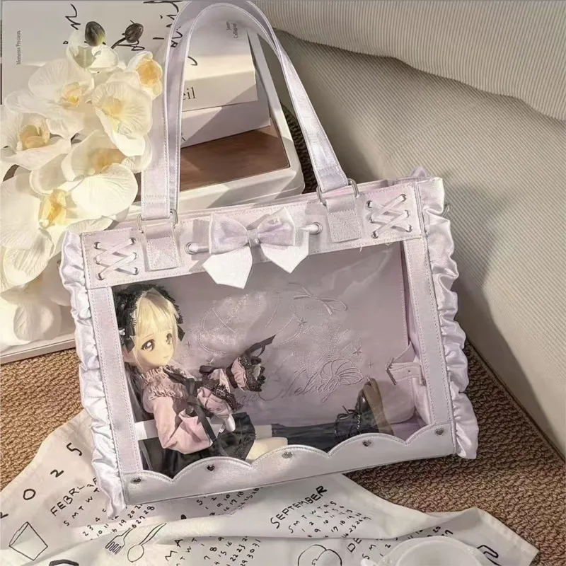 Japanese Ribbon Bow Handbag Women Badge Doll Display Large Capacity Transparent Ita Bag Ladies Harajuku Lolita Shoulder Bag Chic