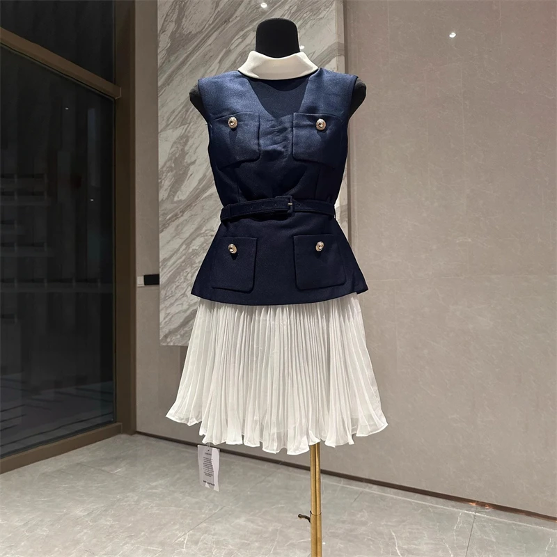 Verão novo feminino azul branco gola sem mangas cintura cinched plissado chiffon mini vestido y2k saia de moda de alta qualidade