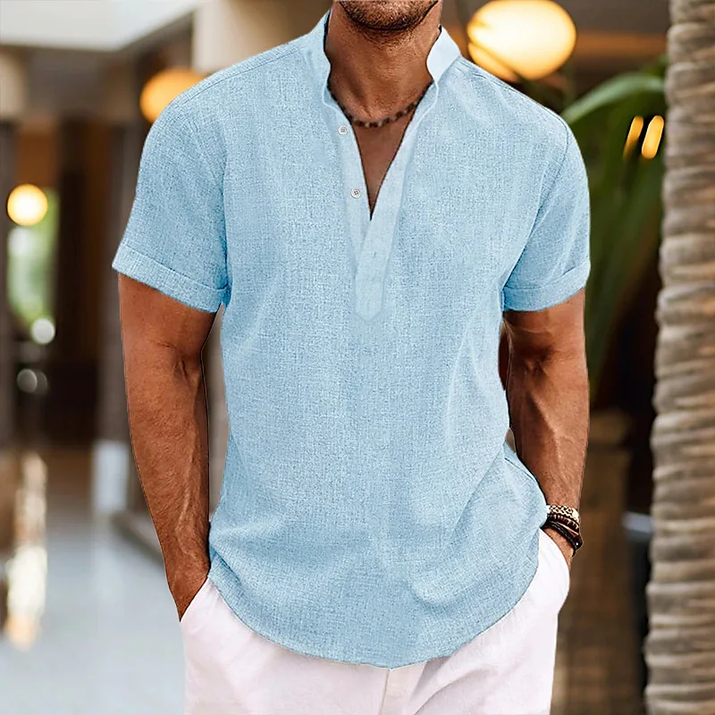 

Summer Fashion Cotton Linen Casual T-Shirts Casual Male Short Sleeve V-Collar Breathable Men's Tee Button-up T S-3XL