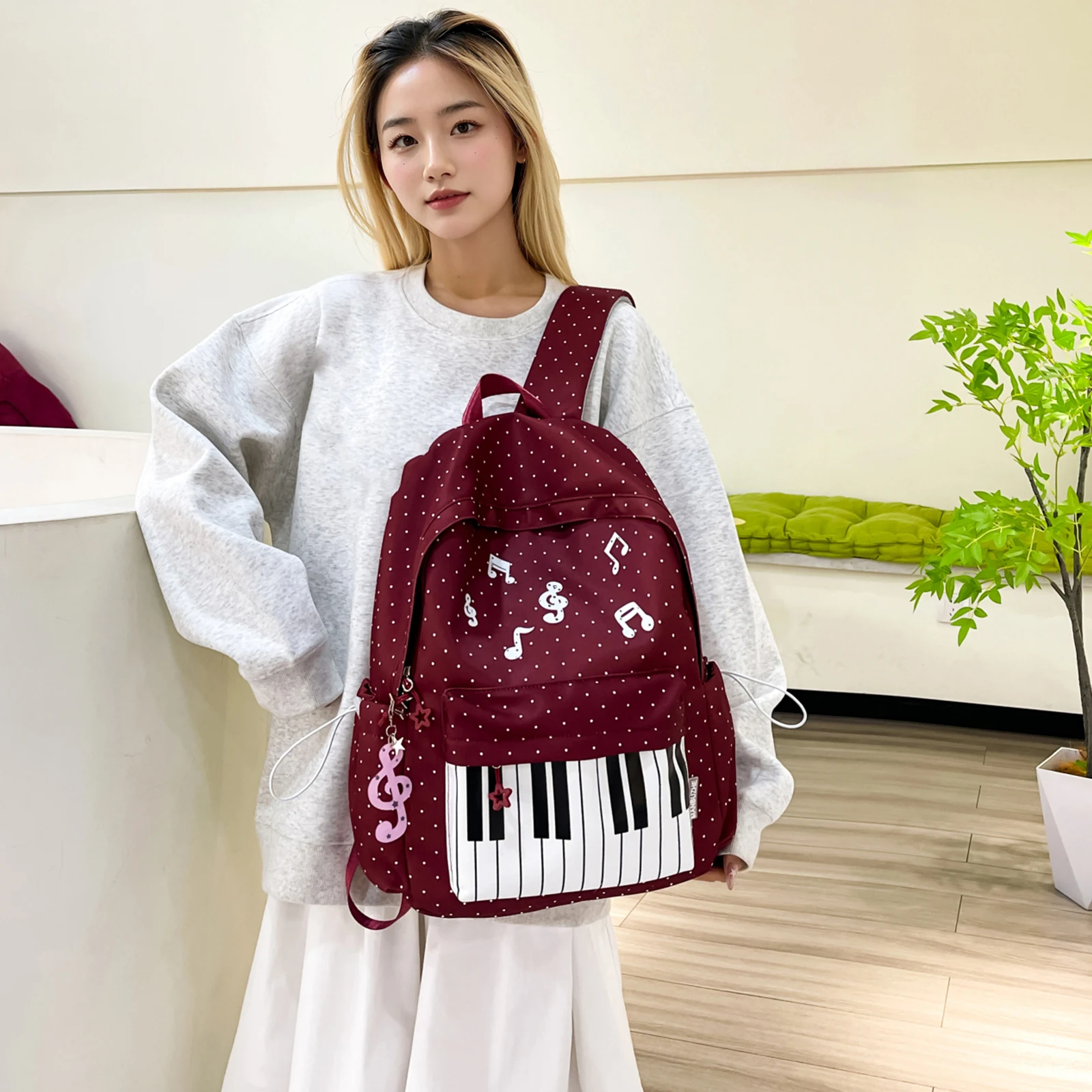 Piano-Themed Backpack Stylish Laptop Backpacks Casual Piano Pattern Daypack Trendy Preppy Rucksack For College