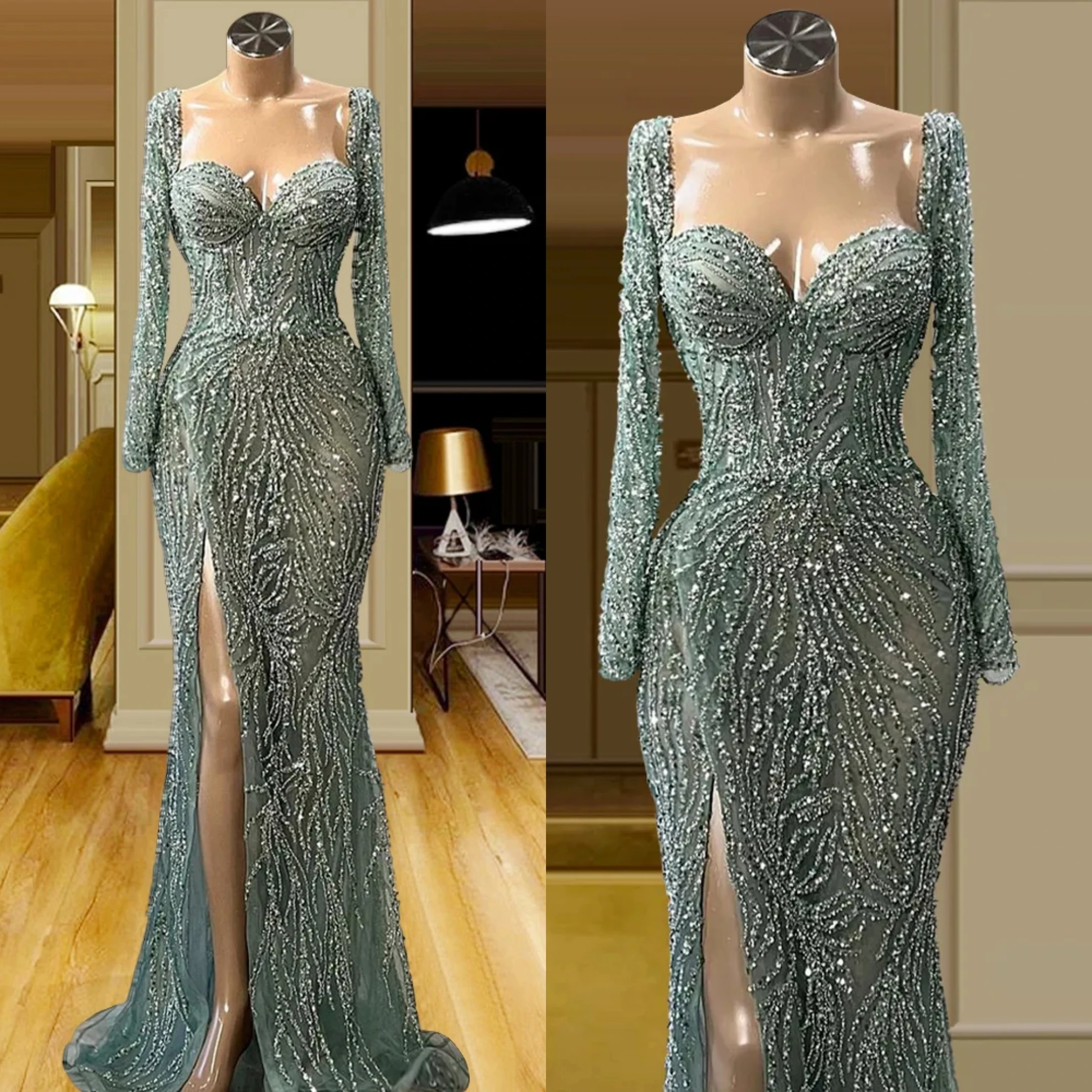 Classic Evening Dresses For Women Sweetheart Neck Gowns Slim Fit Long Sleeves Sequins Skirt Party Split Side Dress Custom Made