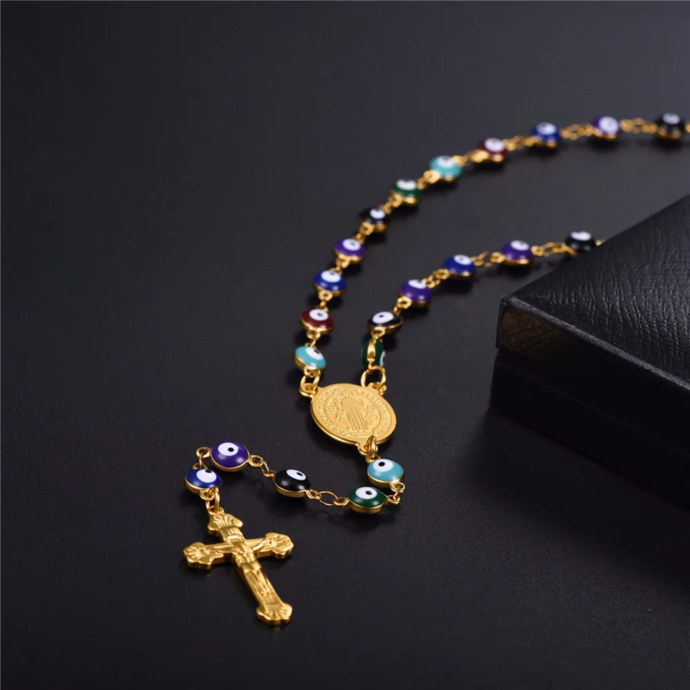 ChainsPro Evil Eye Beaded Rosary Necklace Women Link Chain Gold Color Stainless Steel Saint Benedict Medal Cross Necklace