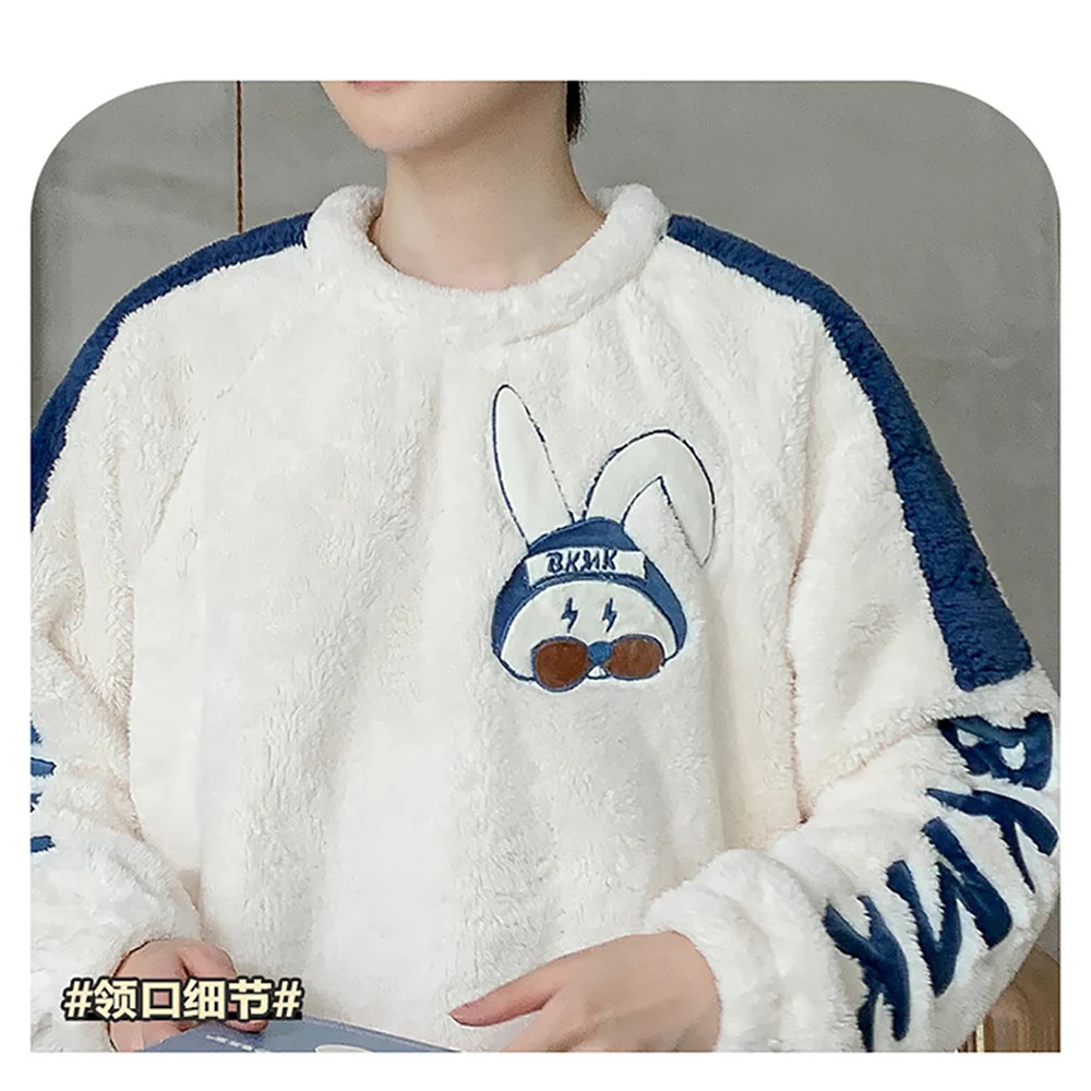 Fashion Cartoon Winter Men O Neck Sleepwear for Sleeping Thicken Plush Flannel Warm Pajamas Set Comfortable Soft Pyjamas Homme