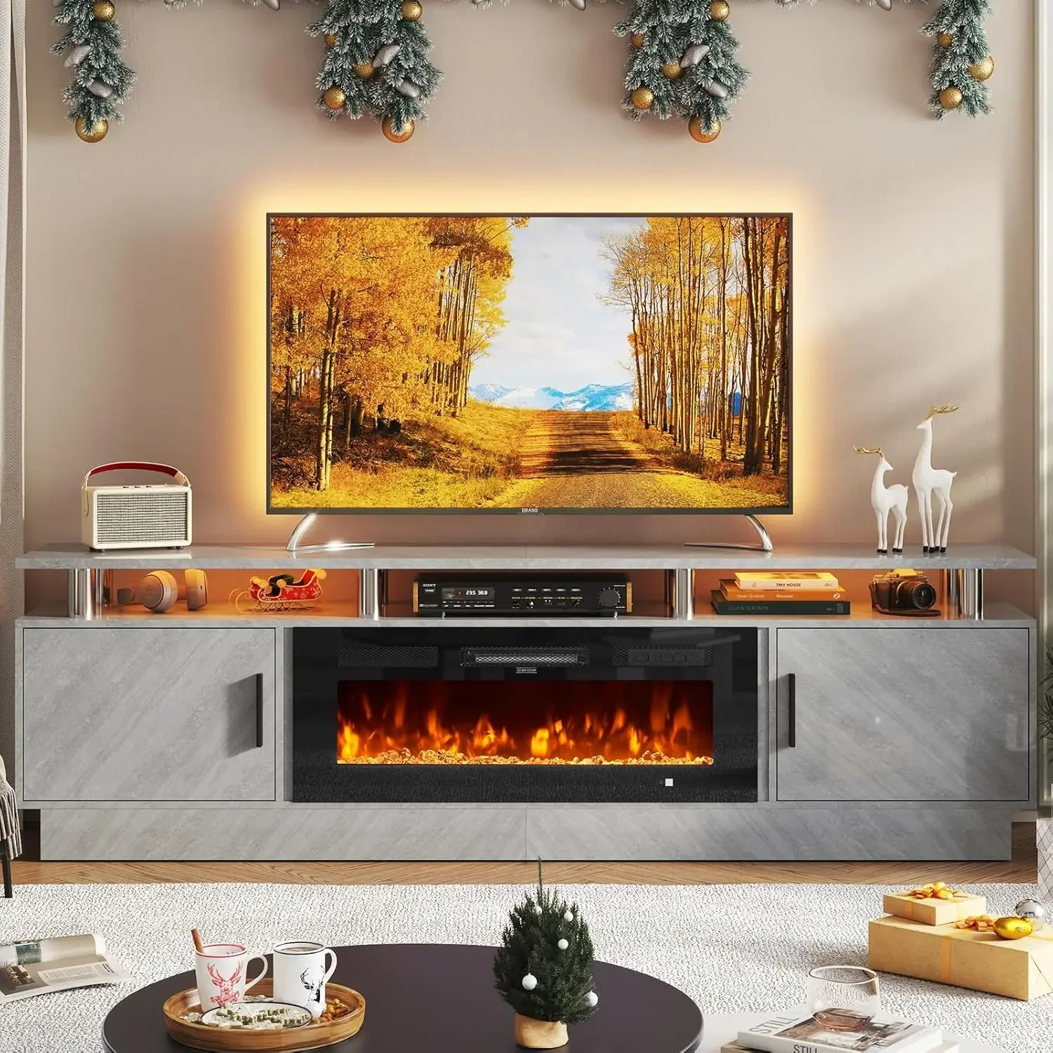 

Fireplace TV Stand with 36”Electric Fireplace, 80” 2 Tier TV Console Stand for TVs Up to 90",LED Light Entertainment Center,Gray