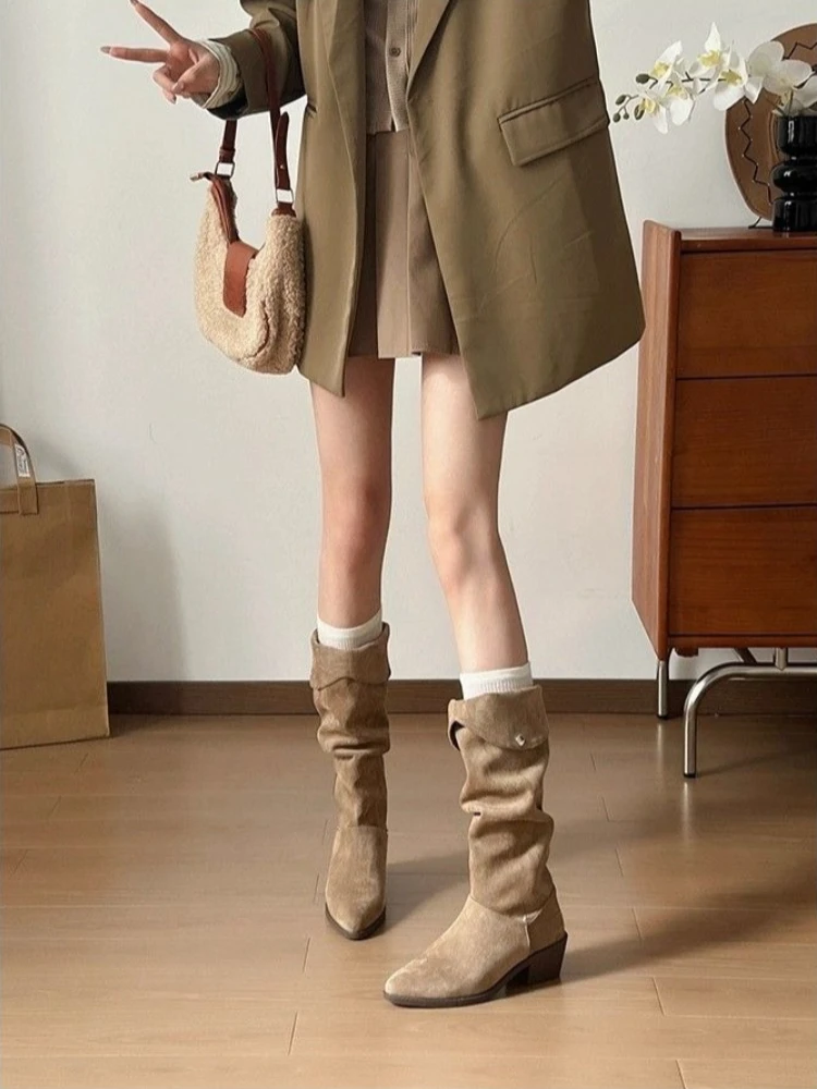 Autumn Winter Chunky Heel Western Boots Women Pointed Toe V Cut Slouch Knee High Long Boots Retro Elegant Riding Footwear