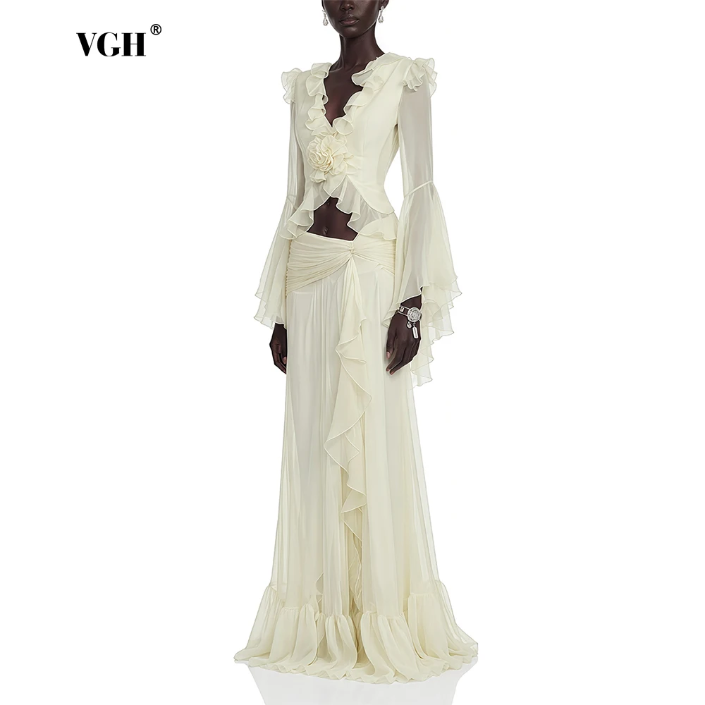 VGH Apricot Chic Soft Sheer Flowy Two Piece Set For Women Ruffle V Neck Bell Applique Crop Top Ruched Maxi Skirt Vacation Outfit