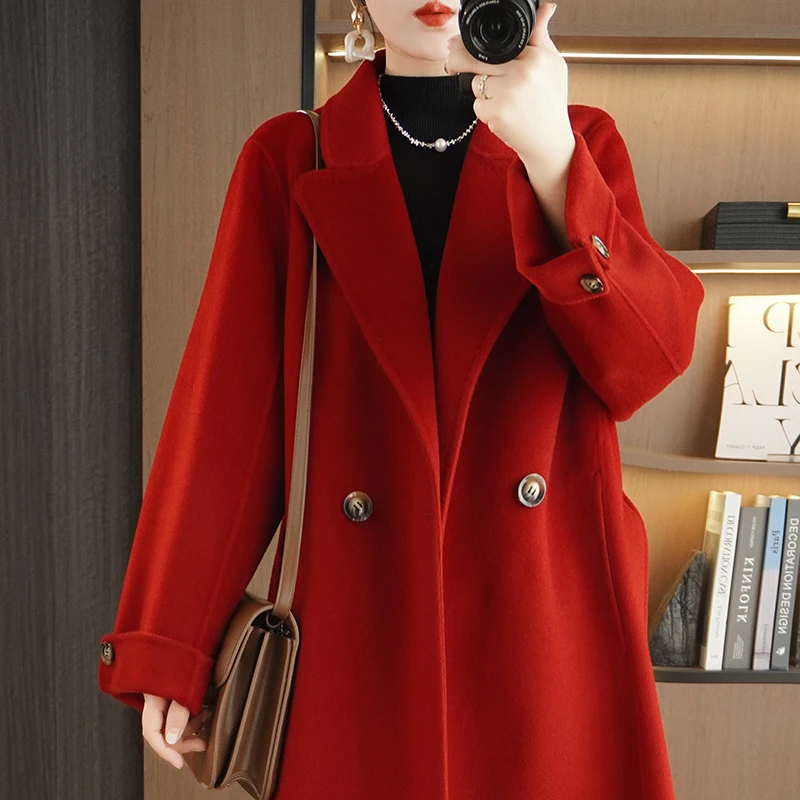 

Ladies' 100% cashmere thick double-sided long jacket, classic and multifunctional, fashionable and suitable for business and lei