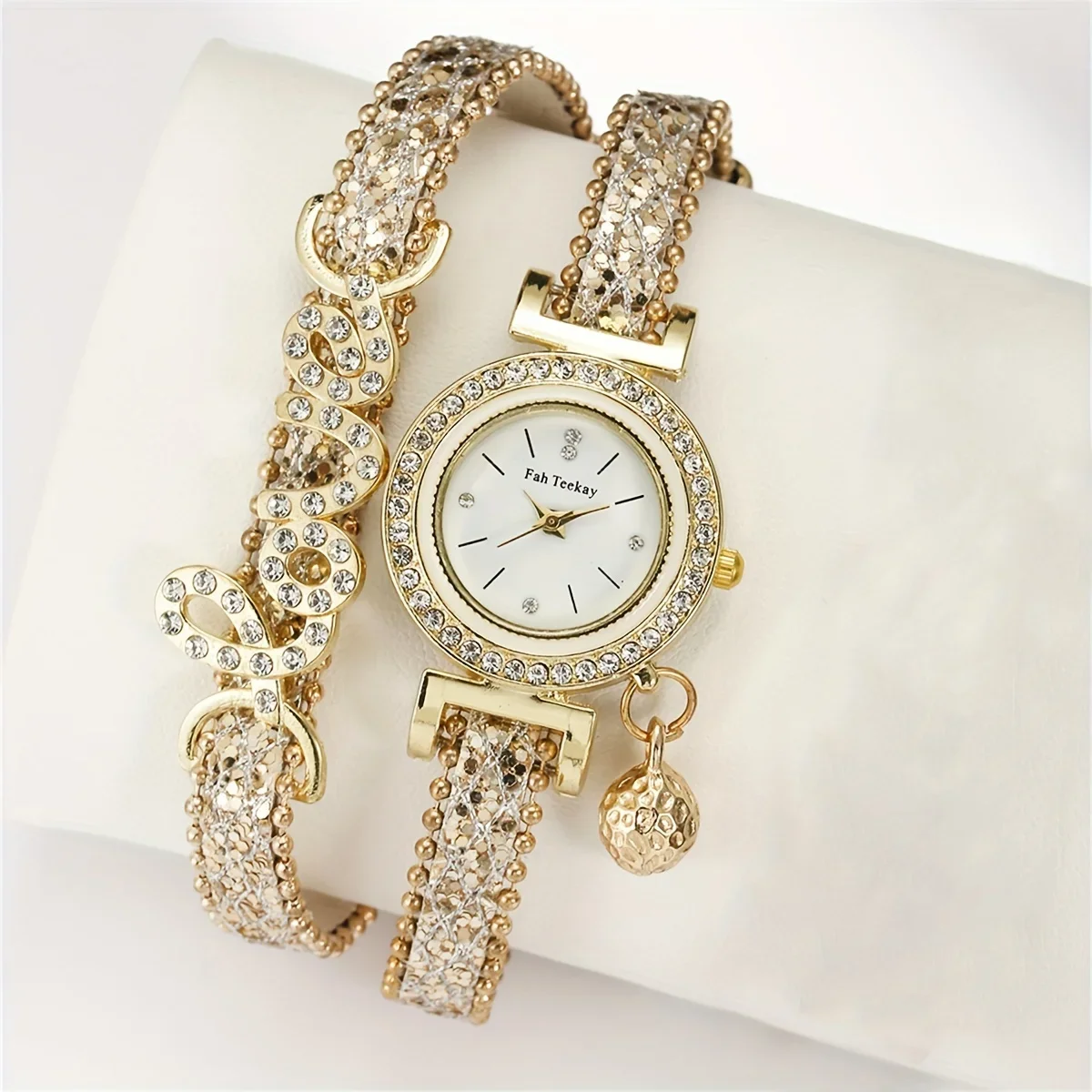 1pc LOVE Rhinestone Decor Quartz Bracelet Watch Luxury Analog Party Dress Bangle Watch & 4pcs Jewelry Set, Gift For Women/Her