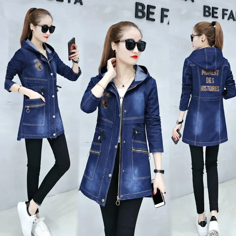 

Denim Jacket Woman Hooded Short Style Clothing Retro Topcoat Pocket Buttons Long Sleeved Warm Tops Loose Fitting Autumn Winter