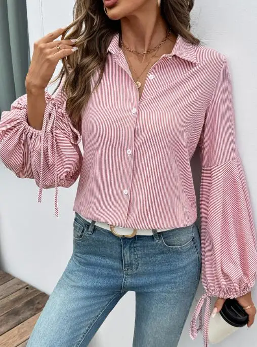 여성 티셔츠 2025 패션 2025 가을/겨울 신상 여성 셔츠 우아한 출퇴근 스트라이프 여성 셔츠 여성 의류