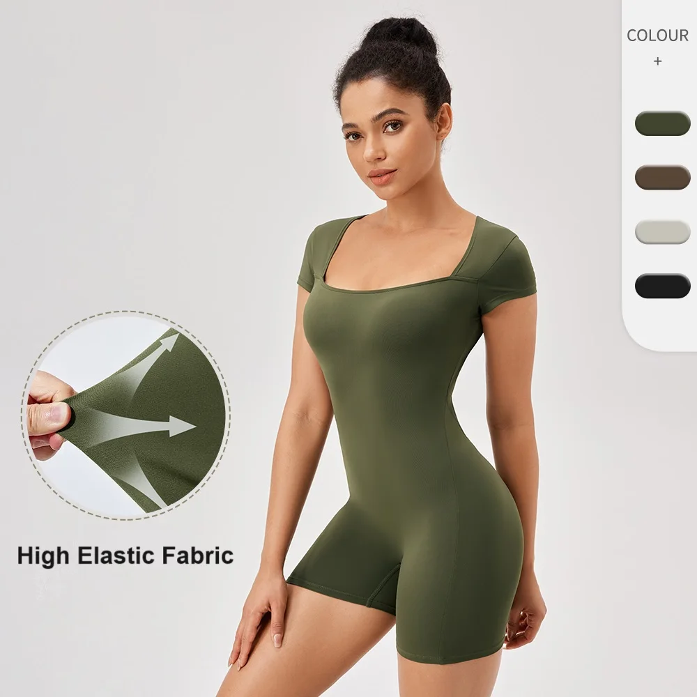 Women's Tight Fitting Sports Jumpsuit Yoga Suit Short Sleeved Shorts Square Collar Training Running Yoga Fitness Bodysuit