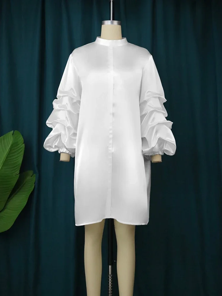 Women Loose White Dress Plus Size High Neck Puffy Sleeves Satin Straight Dress Casual Trendy Oversized Office Club Party Clothes