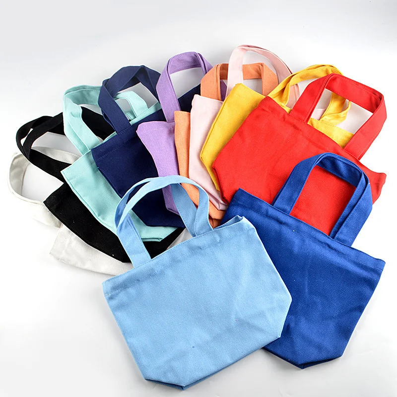 Canvas Bag Simple Women Shoulder Bag Foldable Picnic Pouch Small Tote Black Shopper Large Capacity Student Lunch Box Solid Color