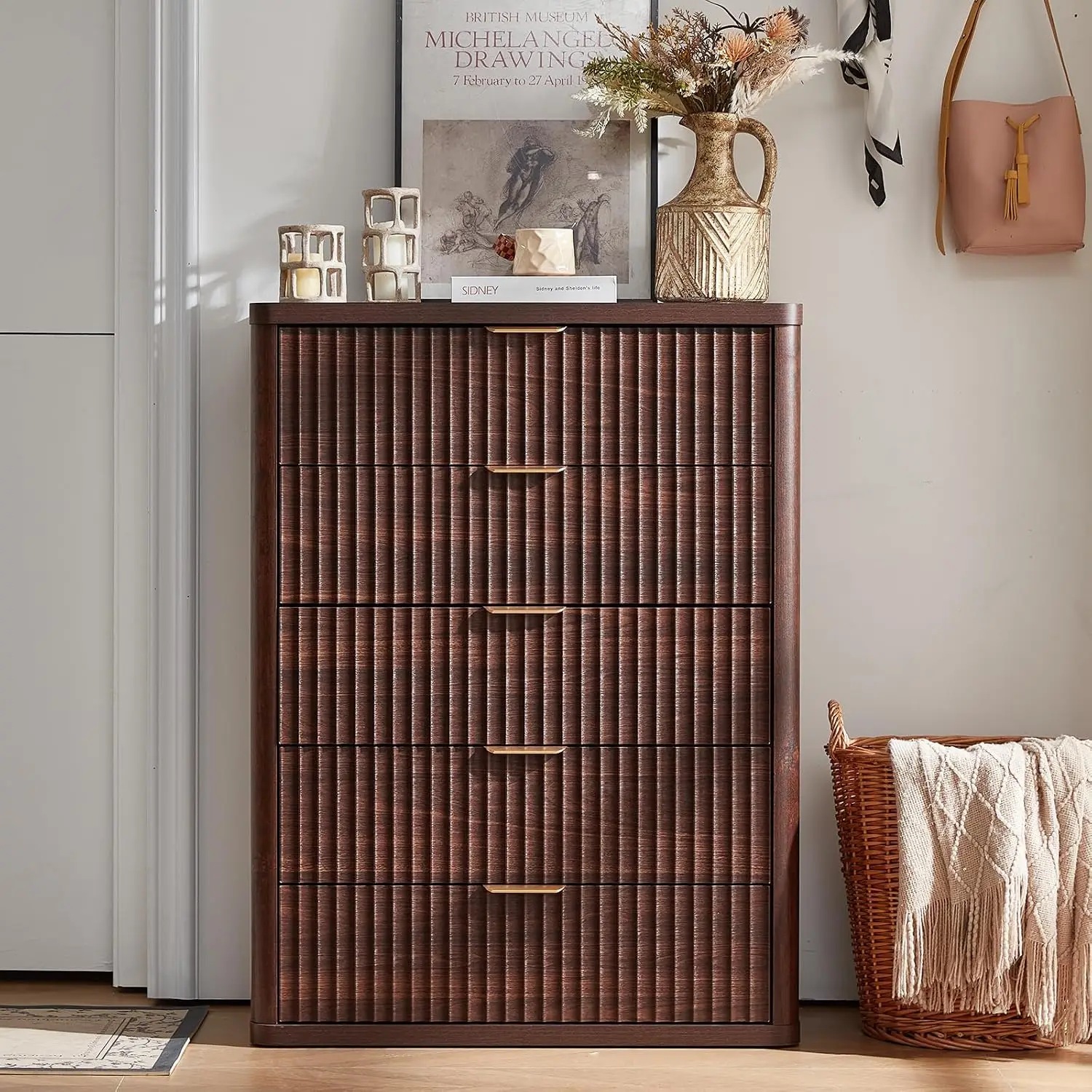 Modern 5-Drawer Tall Dresser with Metal Handle, Curved Wood Chest for Bedroom Closet TV Stand Living Room Hallway, Customized