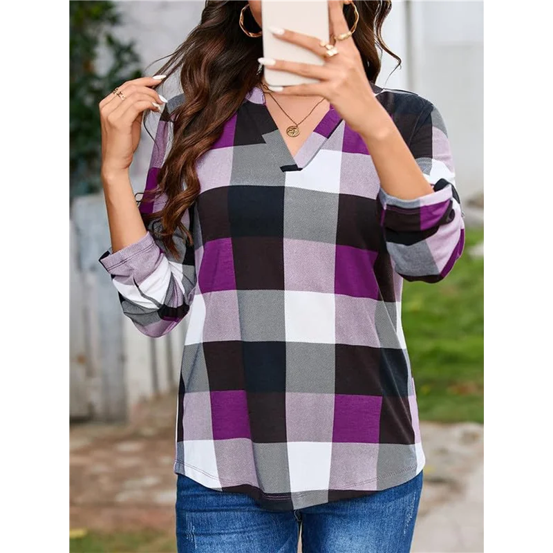 FX- Camicie da lavoro basic casual da donna con scollo a V e stampa scozzese con risvolto a maniche lunghe