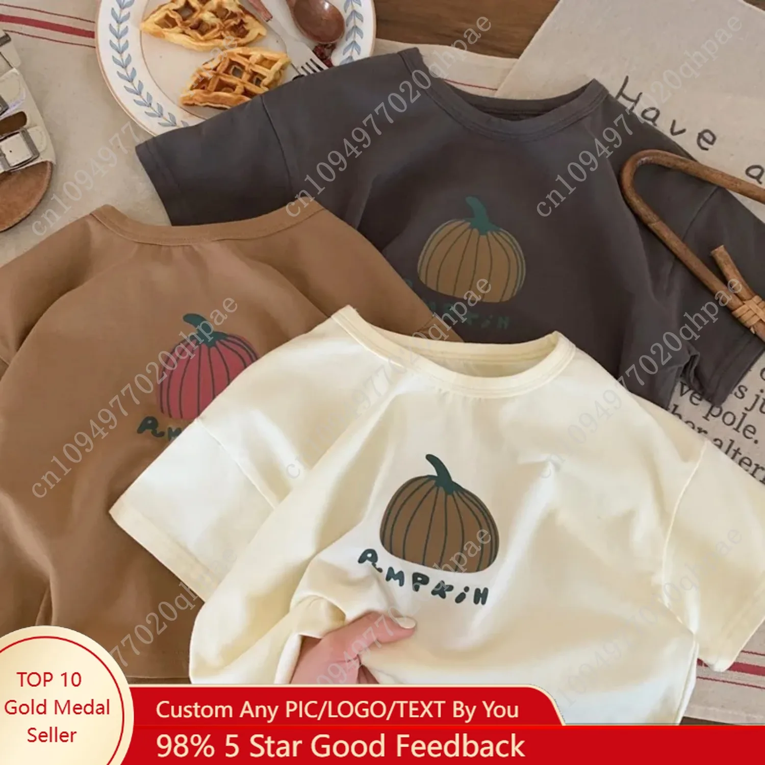 Vêtements pour enfants T-shirt imprimé petite citrouille décontracté ample col rond hauts garçons et filles mince coton couleur