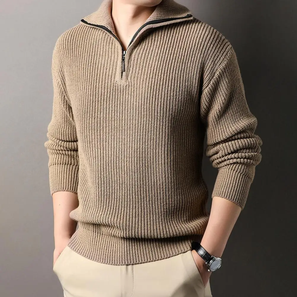 Men Fall Winter Sweater Lapel Loose Half Zipper Long Sleeves Mid Length Solid Color Retro Knitted Sweater