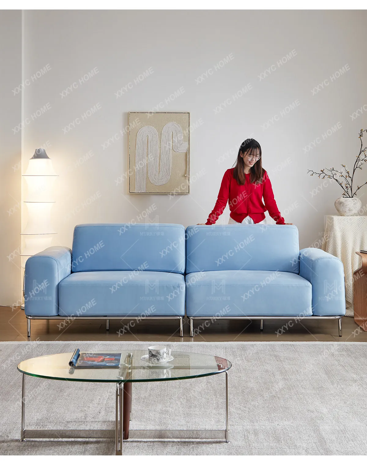 Blue sofa living room simple modern tall fabric removable and washable module combination
