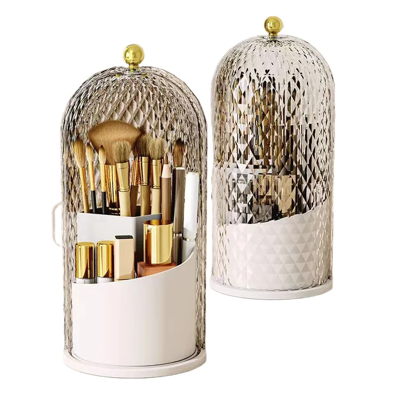 Makeup Brush Holder with Lid Diamond Birdcage 360° Rotating Makeup Organizer Dustproof Cosmetics Storage Box Lipstick Container