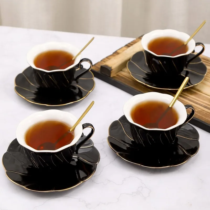 Black Tea Cup and Saucer Set of 4 (7oz), Luxury British Style Tea Cup Set with Metal Stand, Modern Tea/Coffee Cups