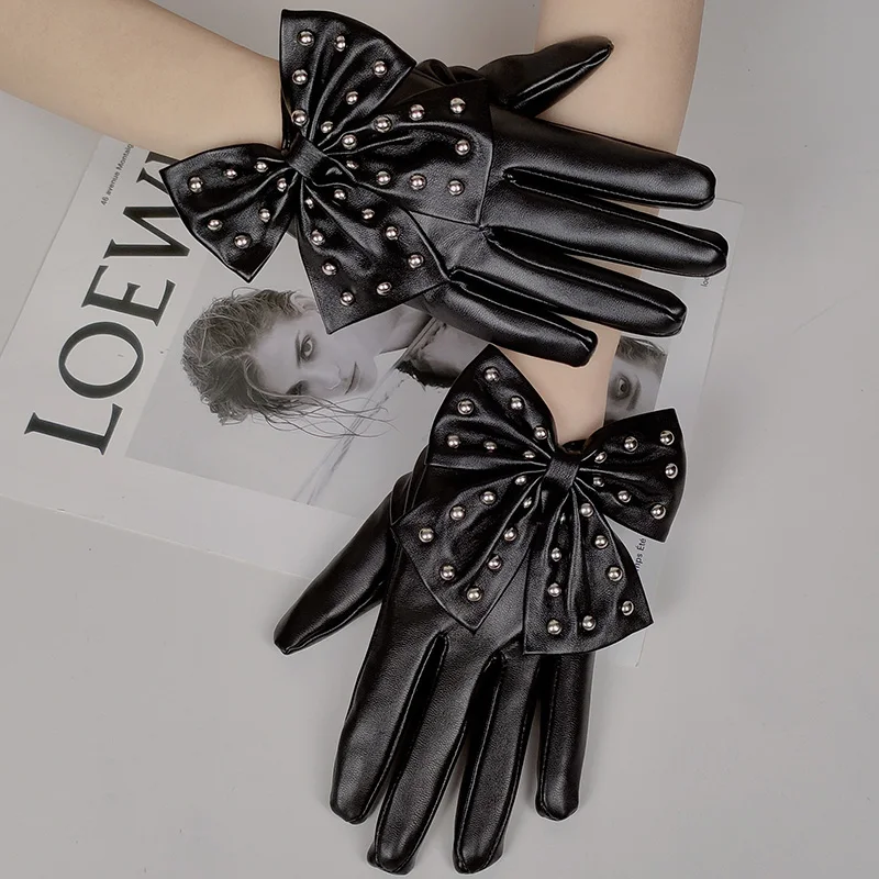 Fashion Women Punk Rock Rivet Bow Full Finger Synthetic Leather Gloves For Sports Fitness Nonslip Cycling Motorcycle Mittens S85