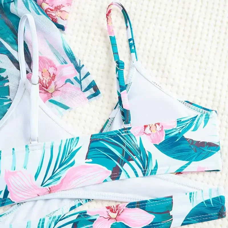 Girls 4 Pieces High Waist Bikini Sets with Beach Pants+Short Sleeve Tops Kids Swimsuit 8-12 Years Children Swimwear Bathing Suit view 3