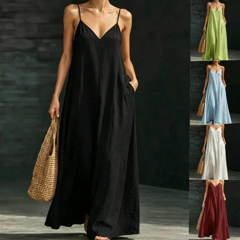 Women Solid Color Slip Maxi Dress Sleeveless V Neck Oversized Flowy Dress with Side Pockets 2026 New Holiday Resort Daily Wear